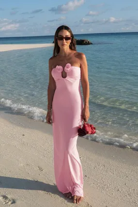 Pink Rose Design Strapless Maxi Bodycon Dress