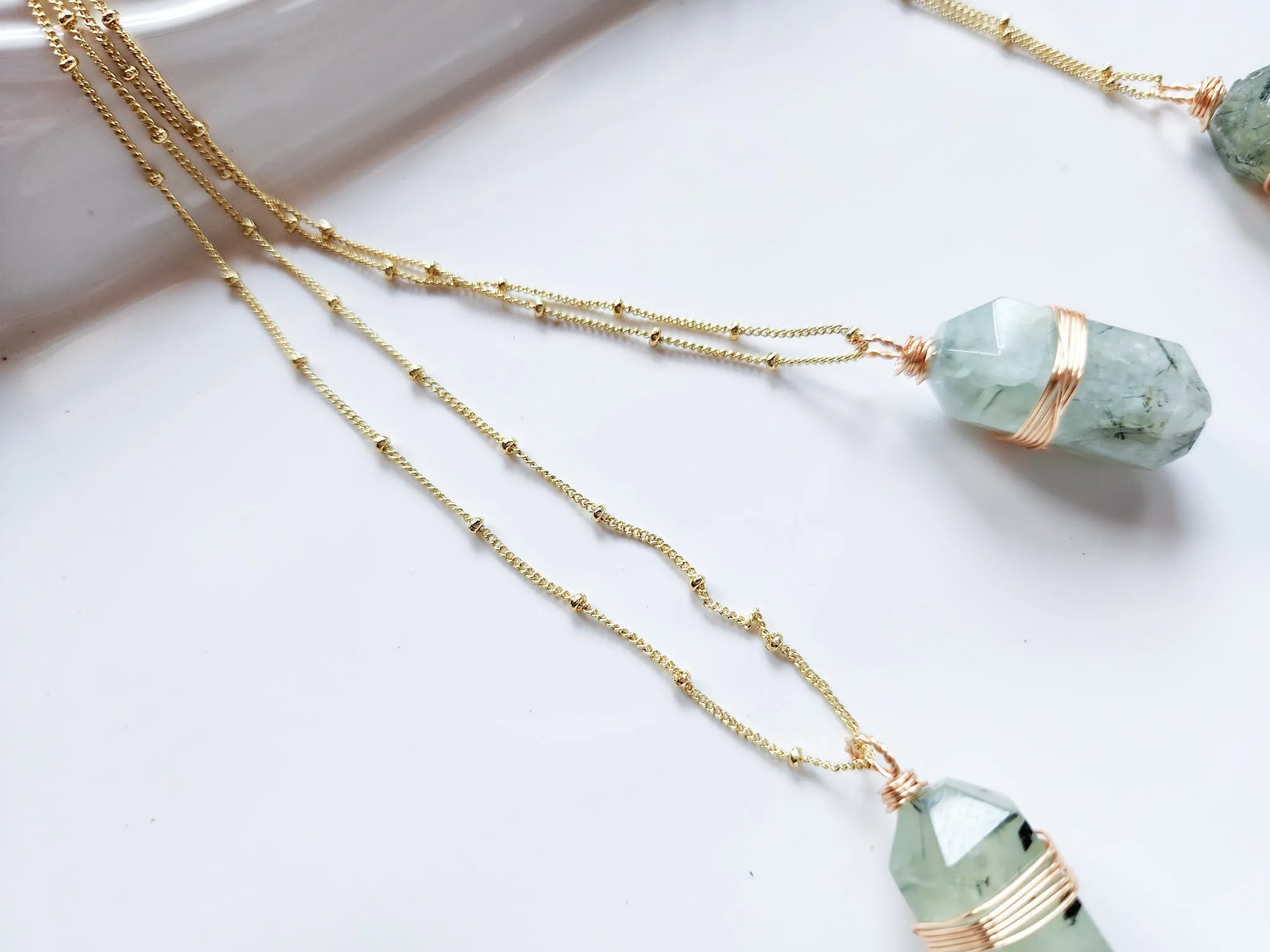 Prehnite Double Terminated Wire Wrap Gold Necklace