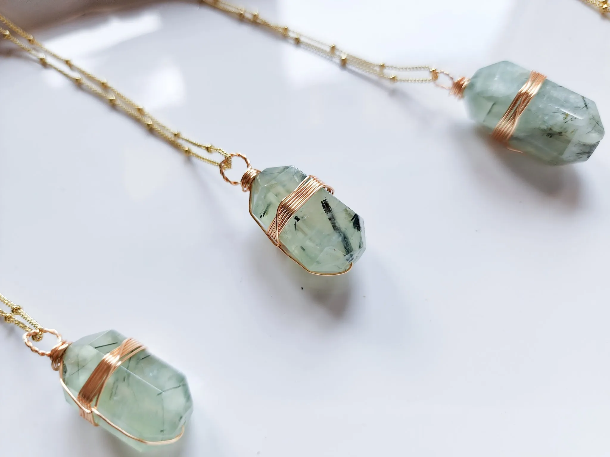 Prehnite Double Terminated Wire Wrap Gold Necklace