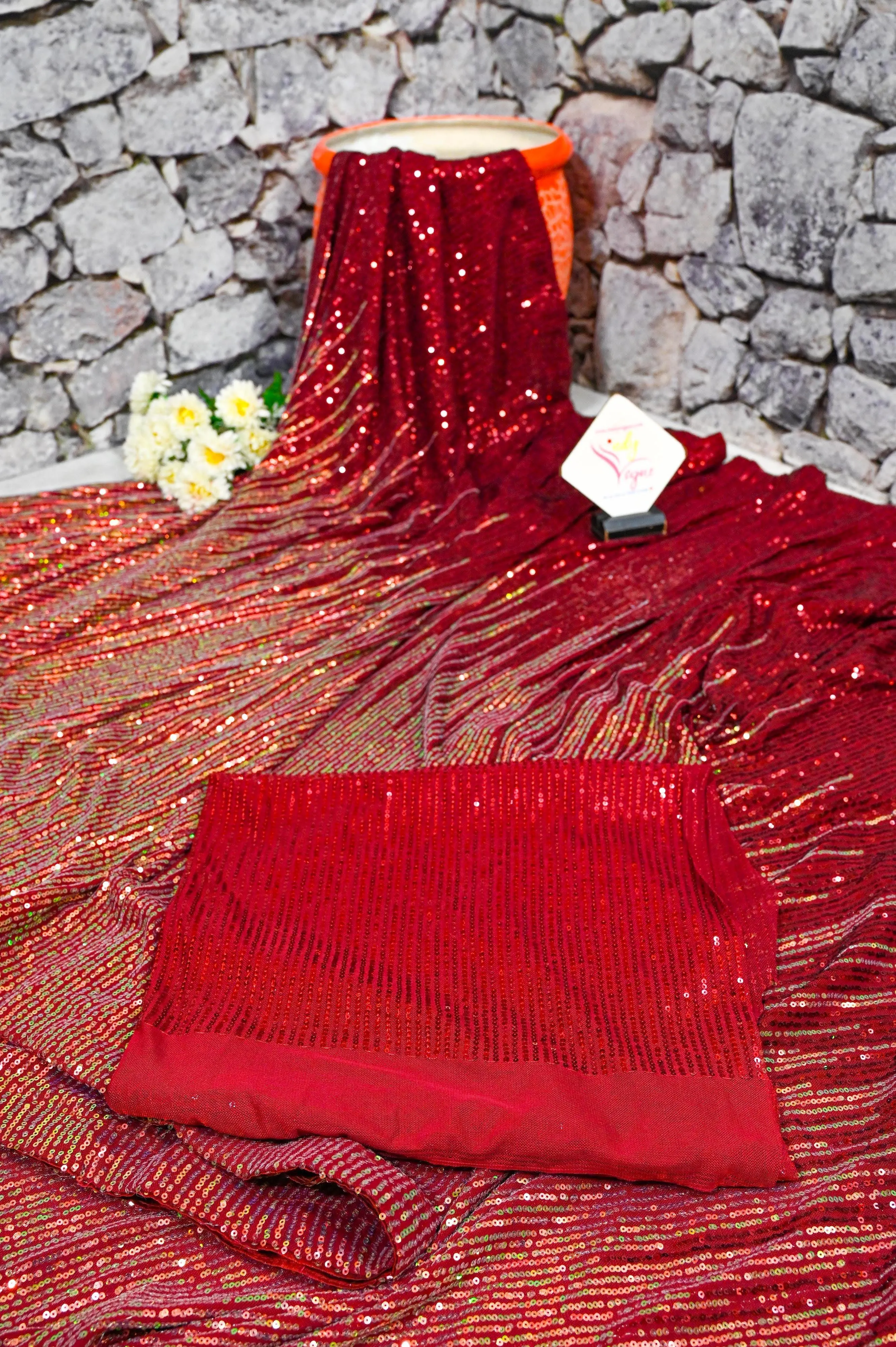 Red Color Designer Net Saree with Sequin Work