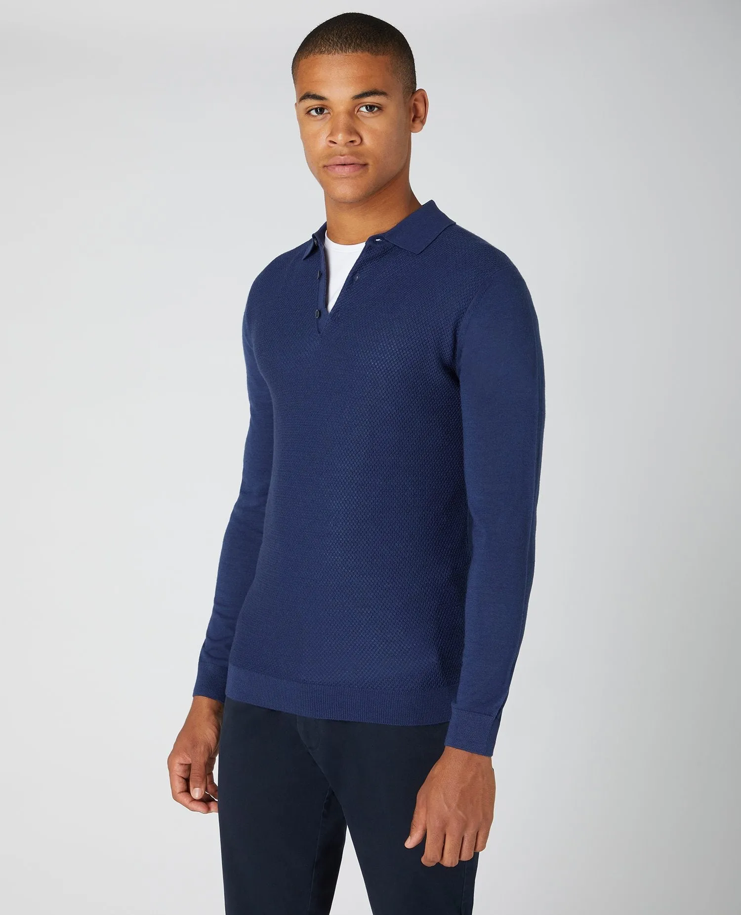 REMUS UOMO Long Sleeve Merino Blend Polo Shirt/Blue - AW21 SALE