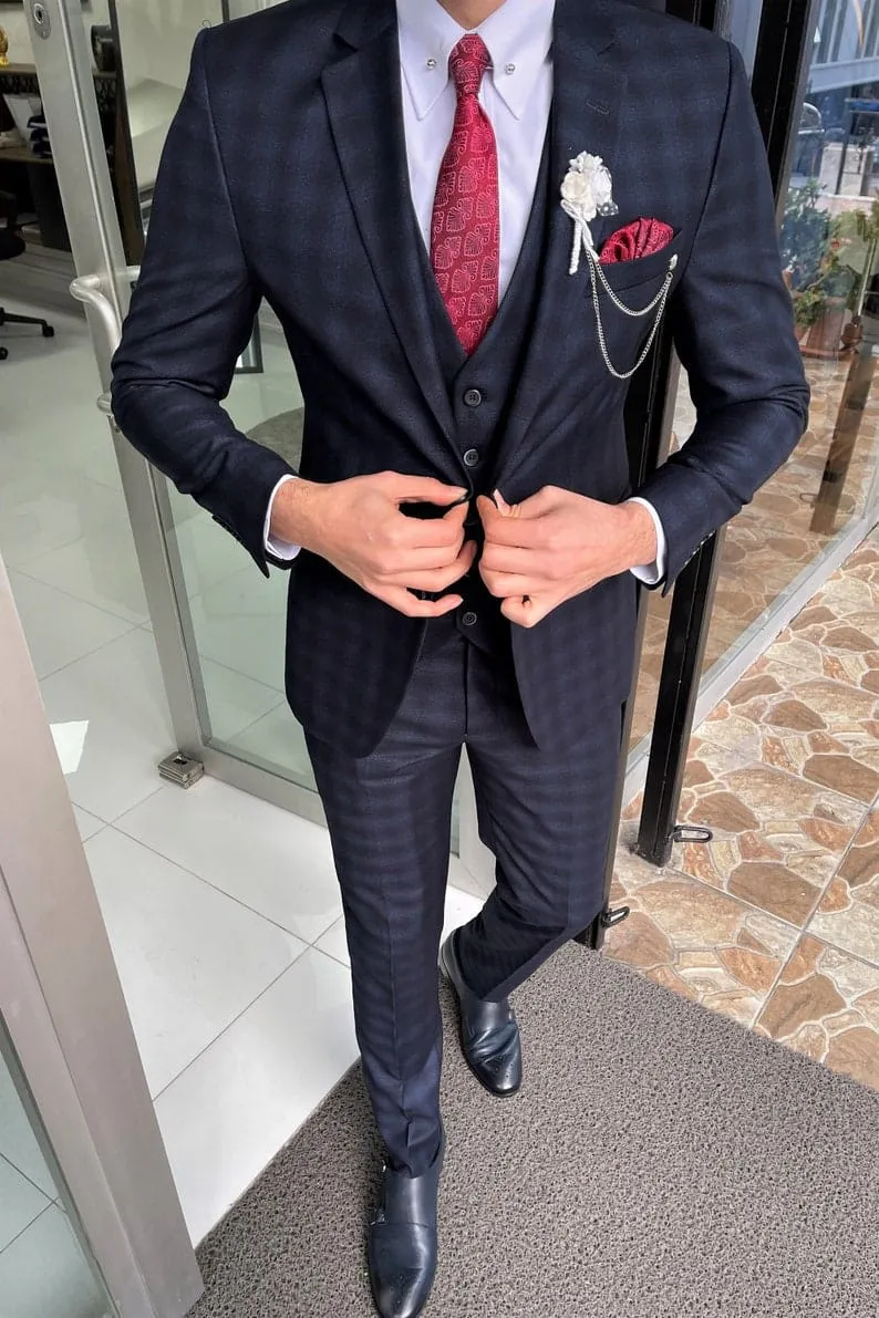 Slim Fit Navy Blue Plaid Wool Wedding Suit