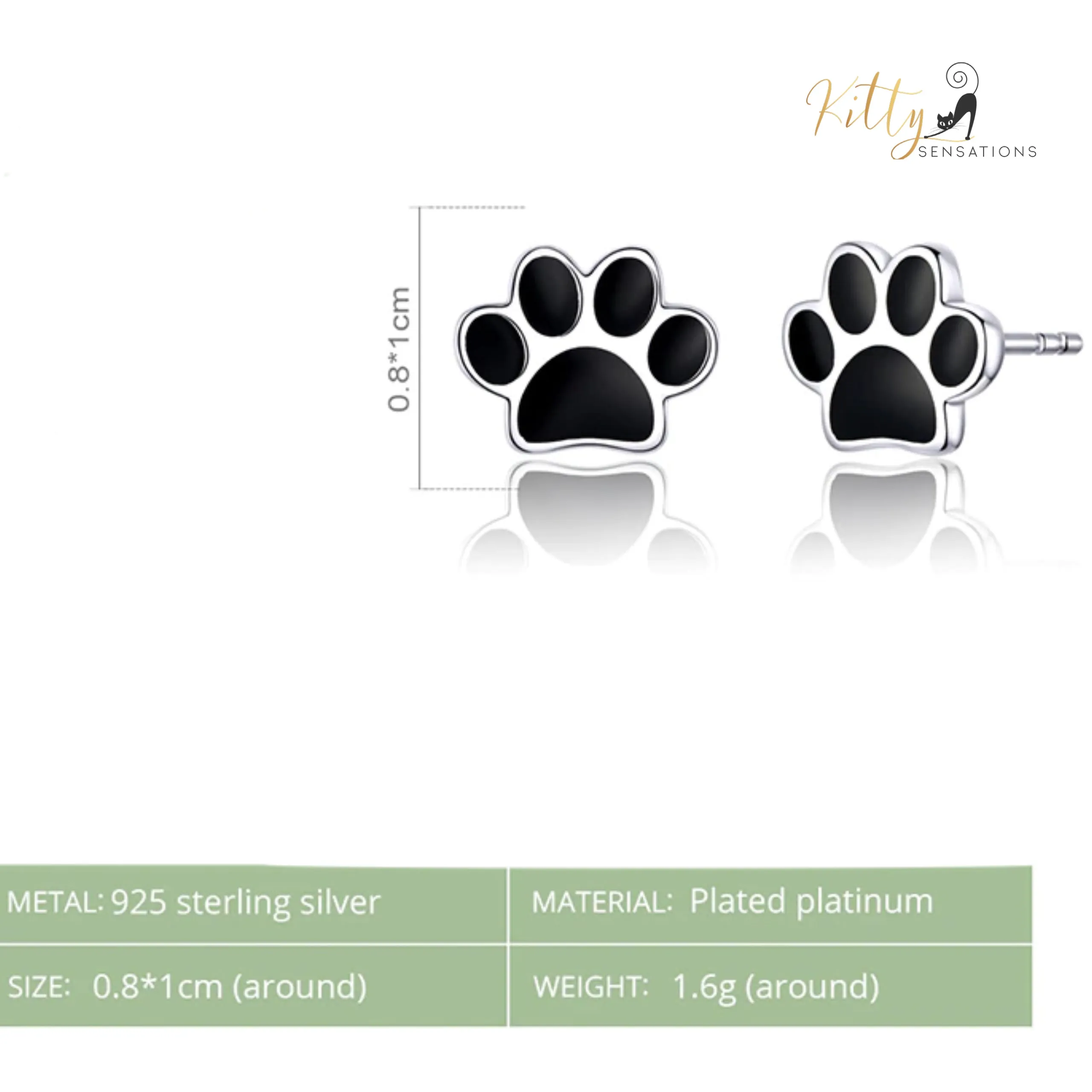 Solid Cat Paw Stud Earrings in Solid 925 Sterling Silver (Platinum or Gold Plated)