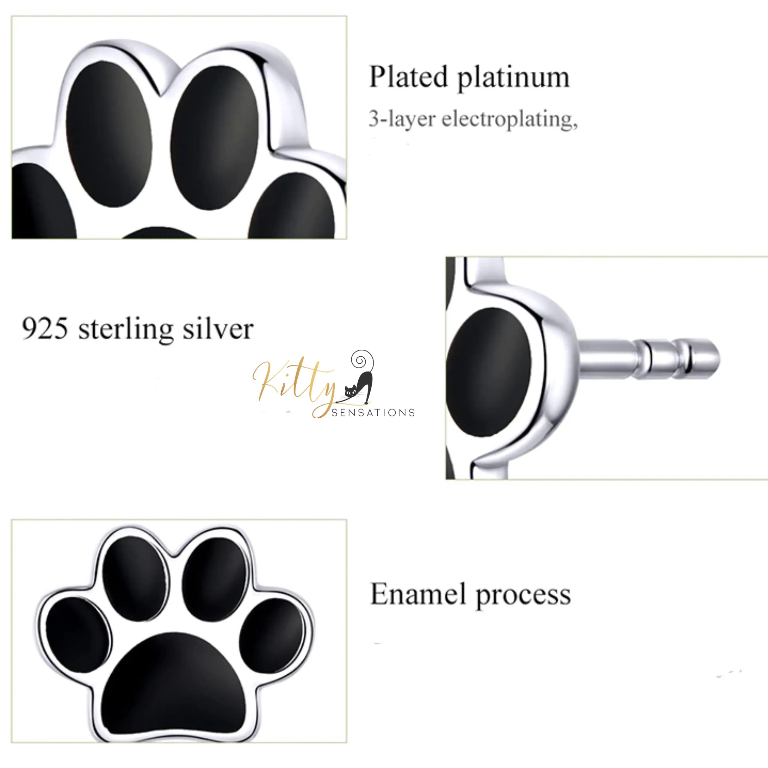 Solid Cat Paw Stud Earrings in Solid 925 Sterling Silver (Platinum or Gold Plated)