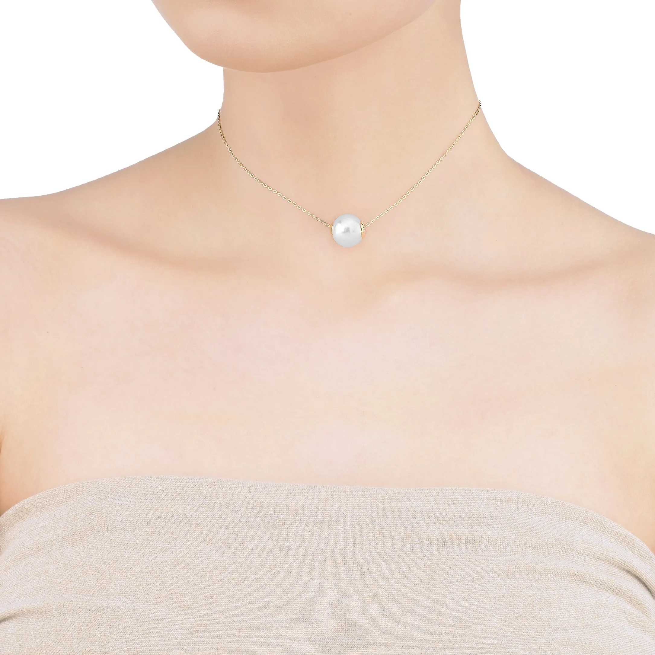 Sterling Silver Gold Plated Choker Necklace for Women with Organic Pearl, 12mm Round White Pearl, 12.9 Length, Nuada Collection