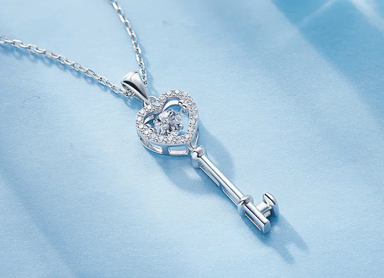 Sterling silver key to the heart dancing crystal necklace