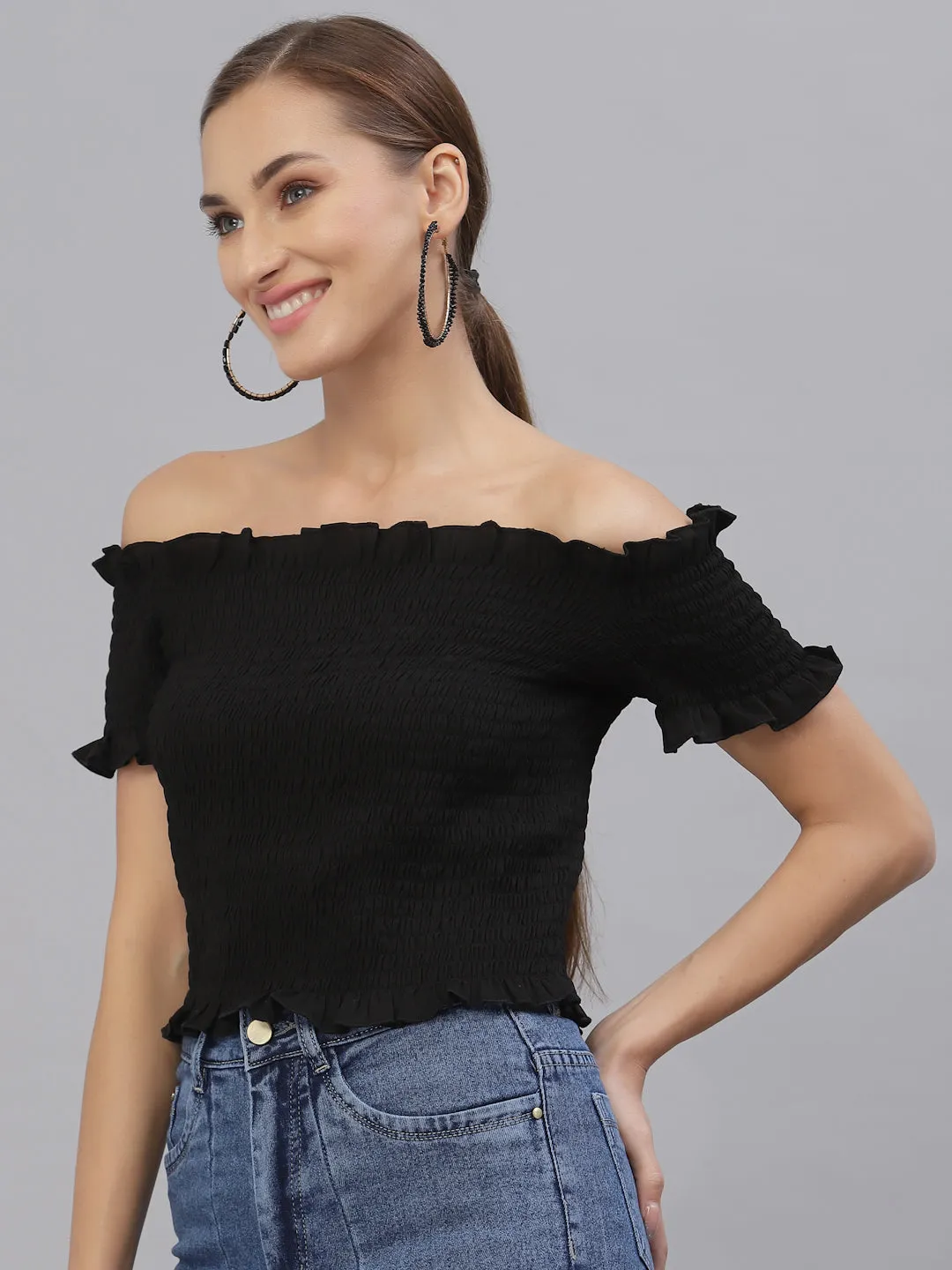 Style Quotient Women Black Off-Shoulder Bardot Top