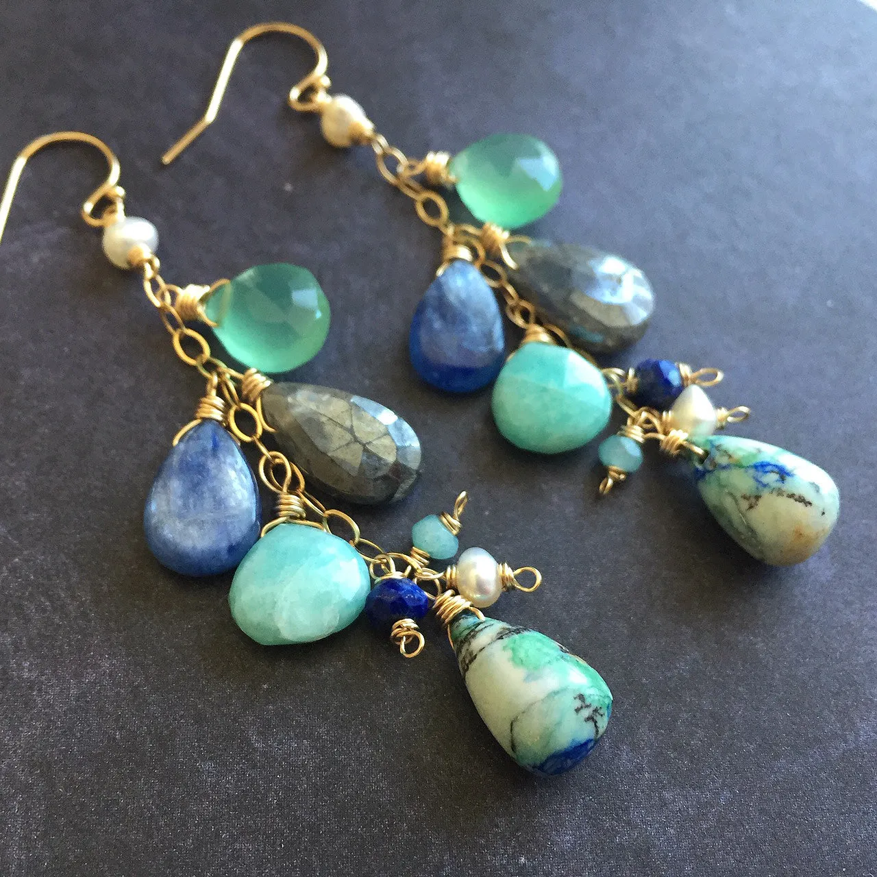 Summer Adventure Cluster earrings, Arizona Oyster Lapis Turquoise