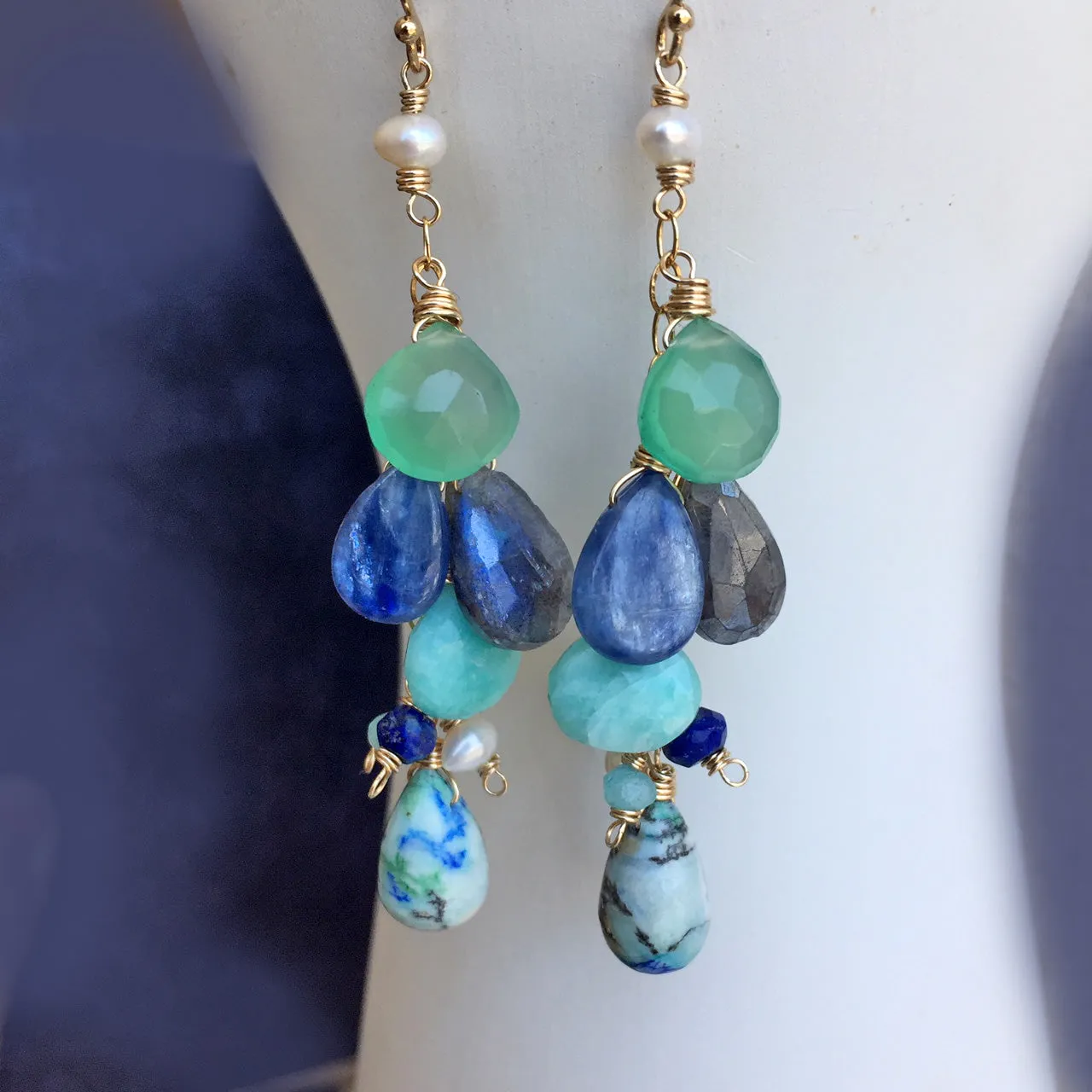 Summer Adventure Cluster earrings, Arizona Oyster Lapis Turquoise