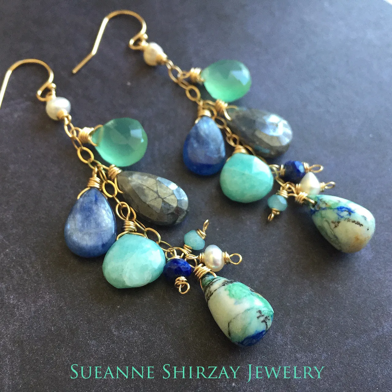 Summer Adventure Cluster earrings, Arizona Oyster Lapis Turquoise