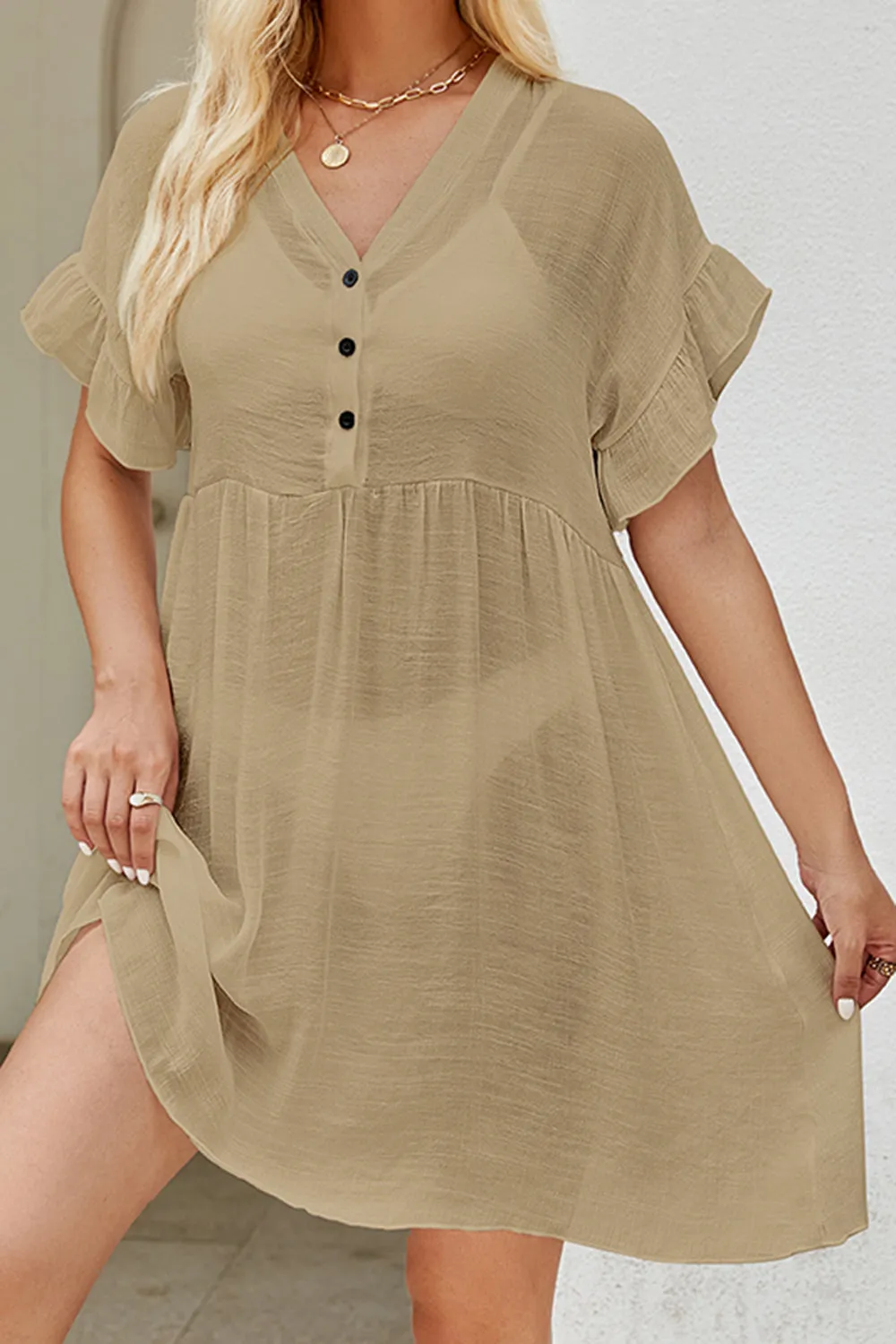 Sunset Vacation  V-Neck Flounce Sleeve Beach Cover Up Dress