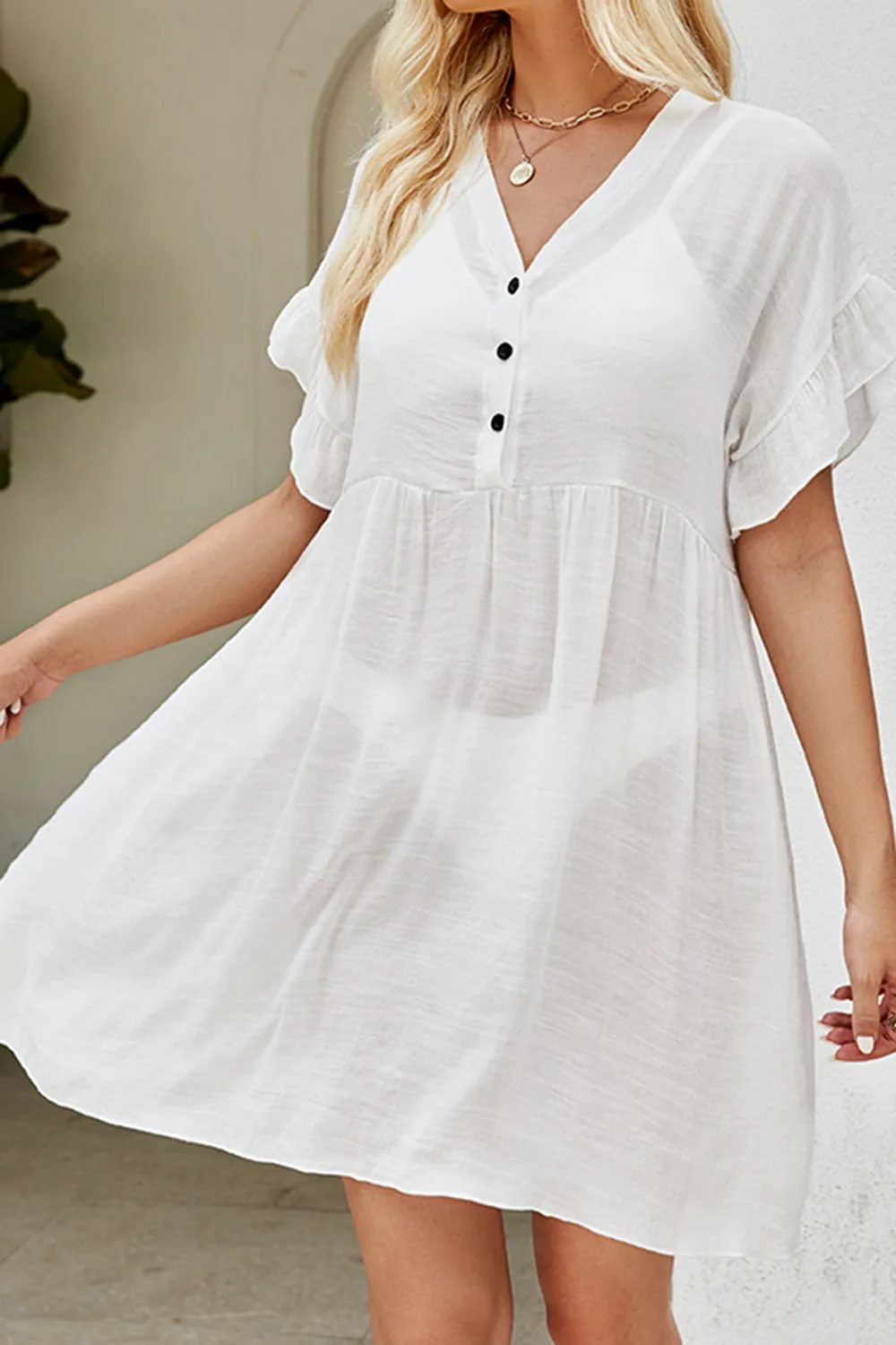 Sunset Vacation  V-Neck Flounce Sleeve Beach Cover Up Dress