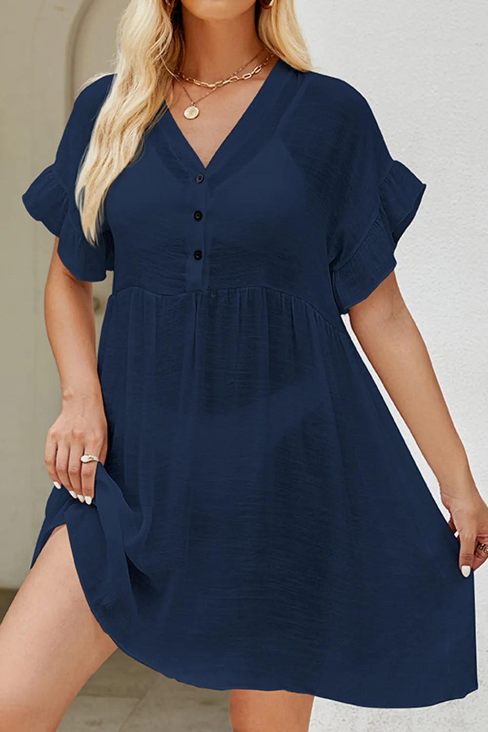 Sunset Vacation  V-Neck Flounce Sleeve Beach Cover Up Dress