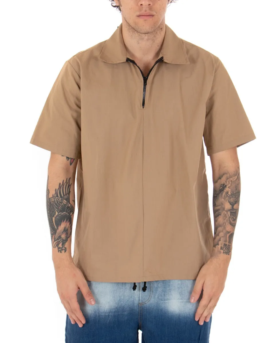 T-shirt Uomo Maniche Corte Cerniera Collo Tinta Unita Camel GIOSAL