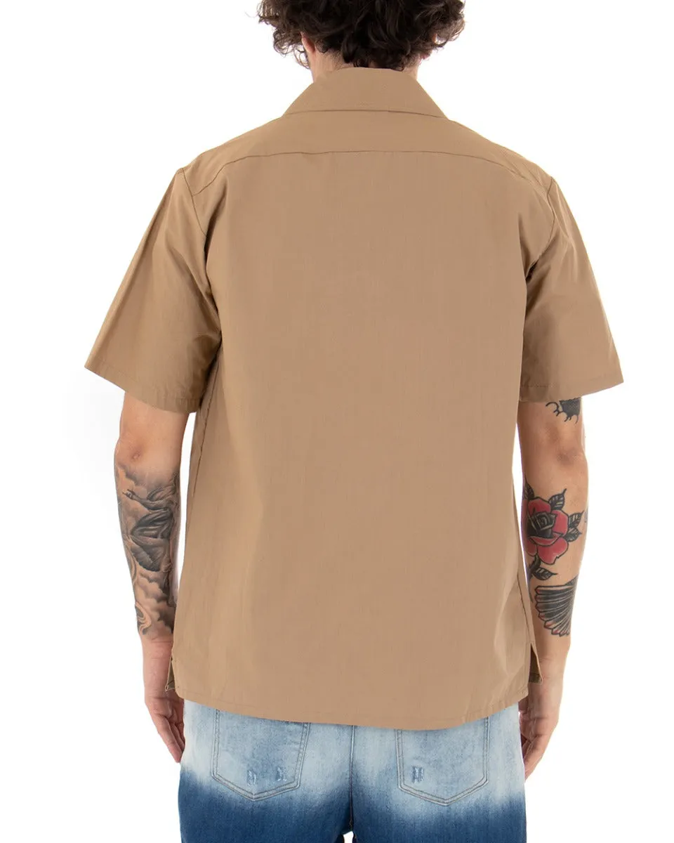 T-shirt Uomo Maniche Corte Cerniera Collo Tinta Unita Camel GIOSAL