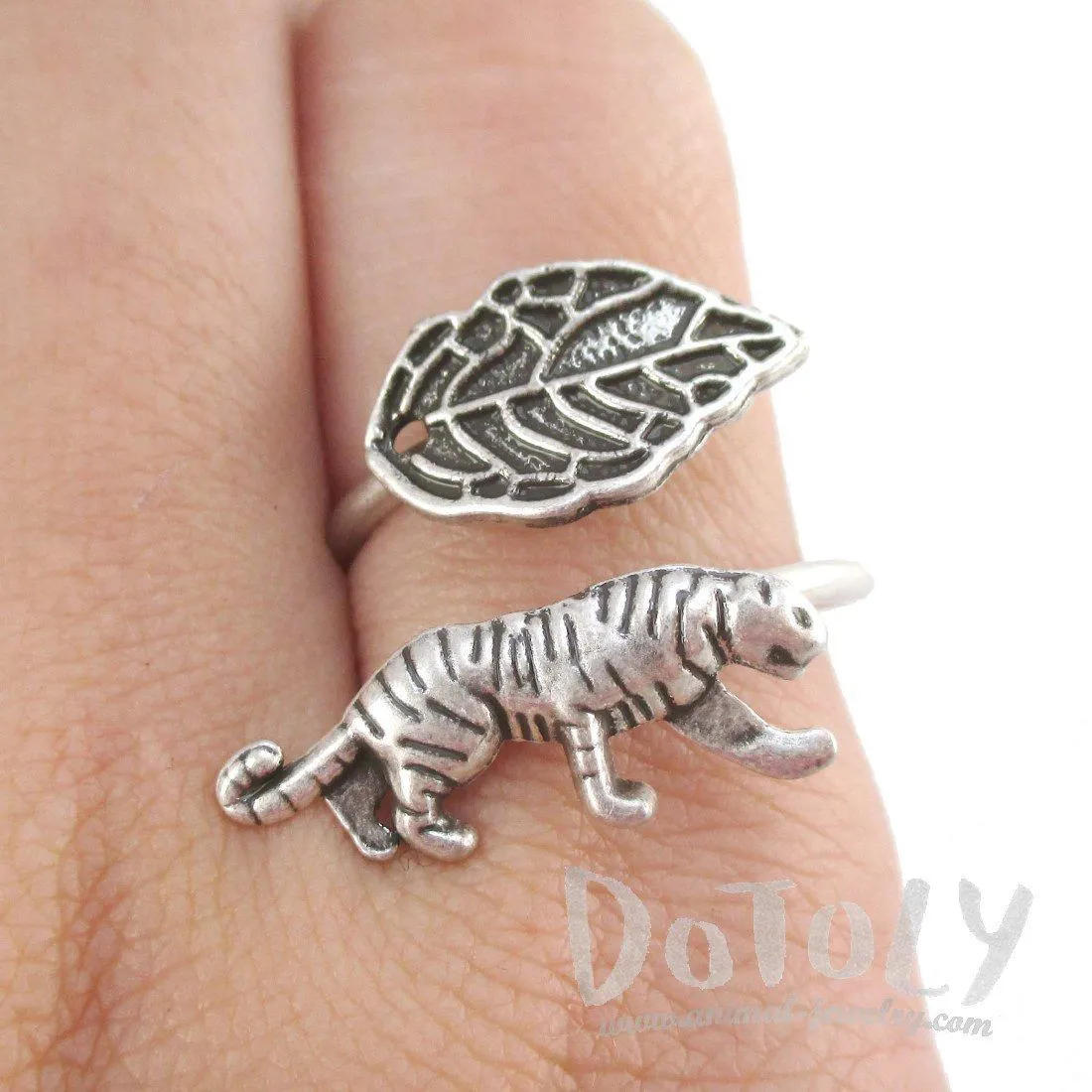 Tiger and Leaf Adjustable Wire Wrap Ring in Silver