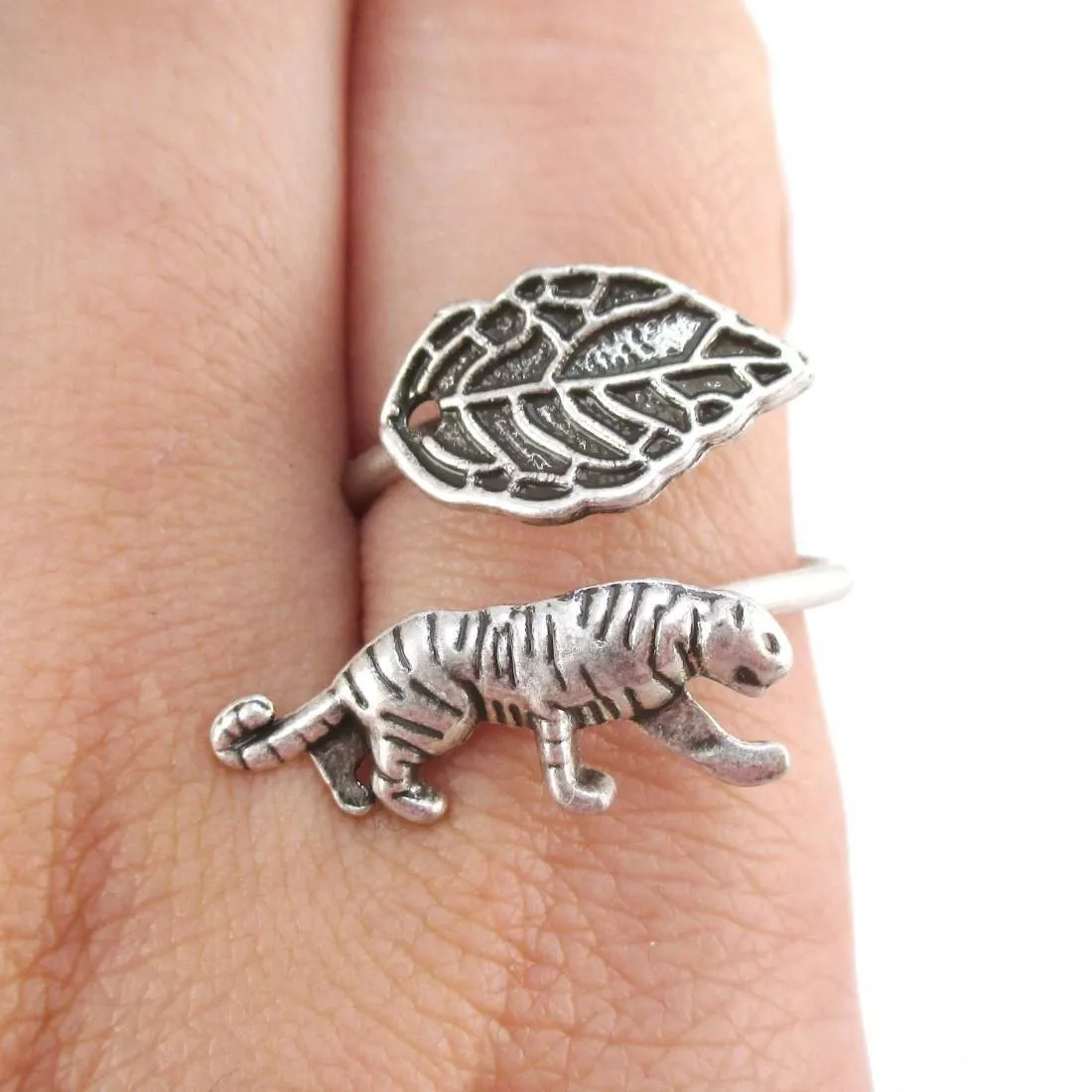 Tiger and Leaf Adjustable Wire Wrap Ring in Silver