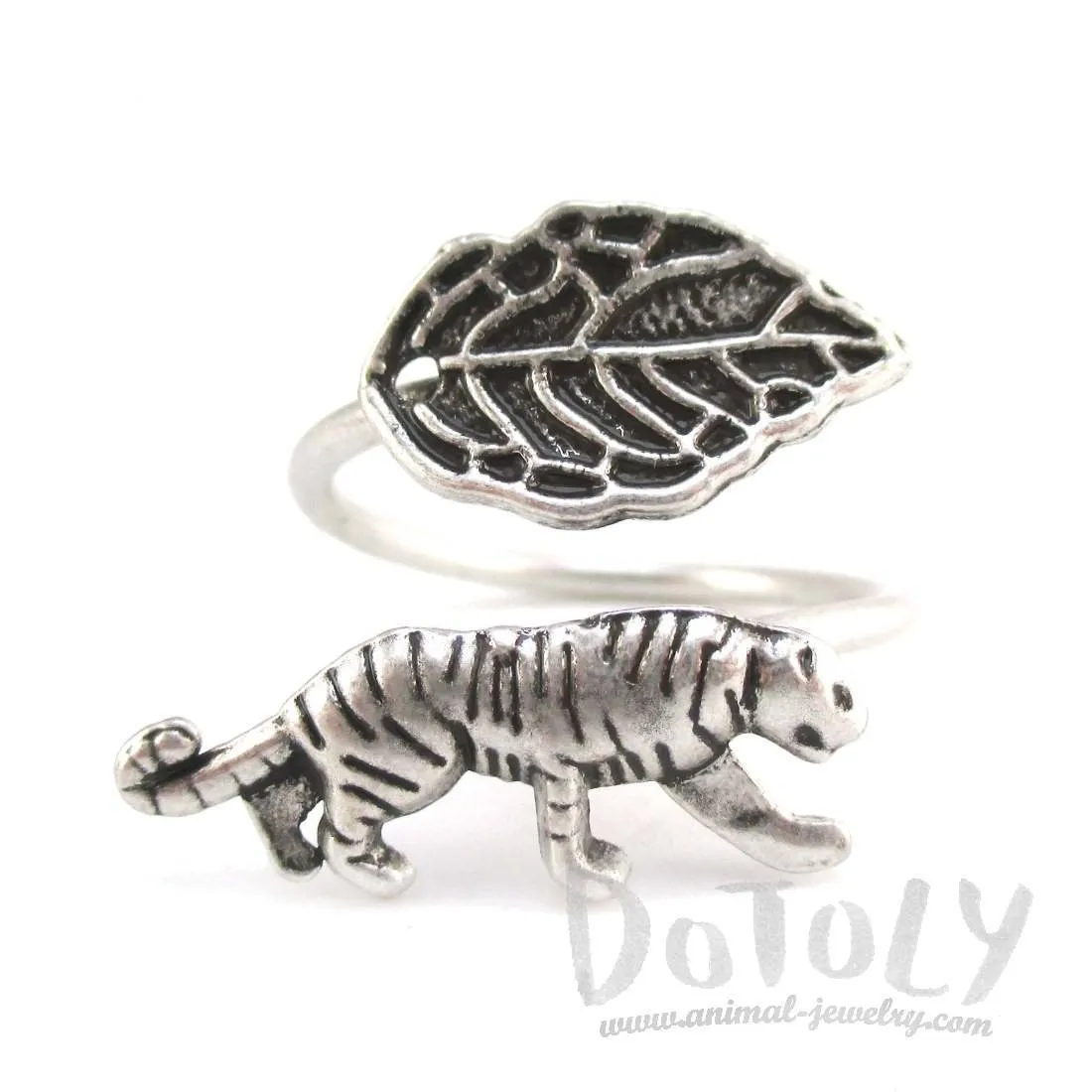 Tiger and Leaf Adjustable Wire Wrap Ring in Silver