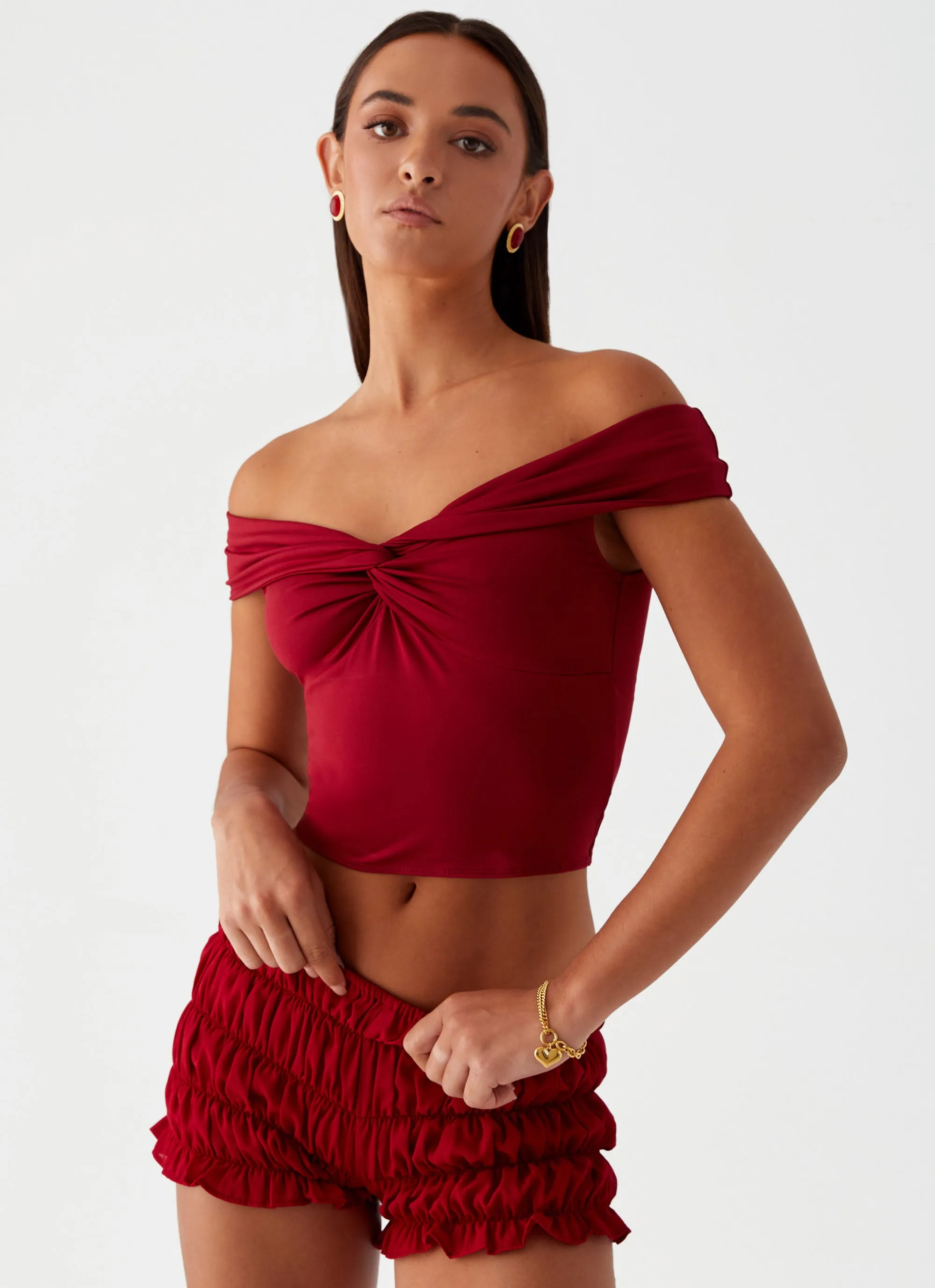 Trixie Twist Off Shoulder Top - Maroon