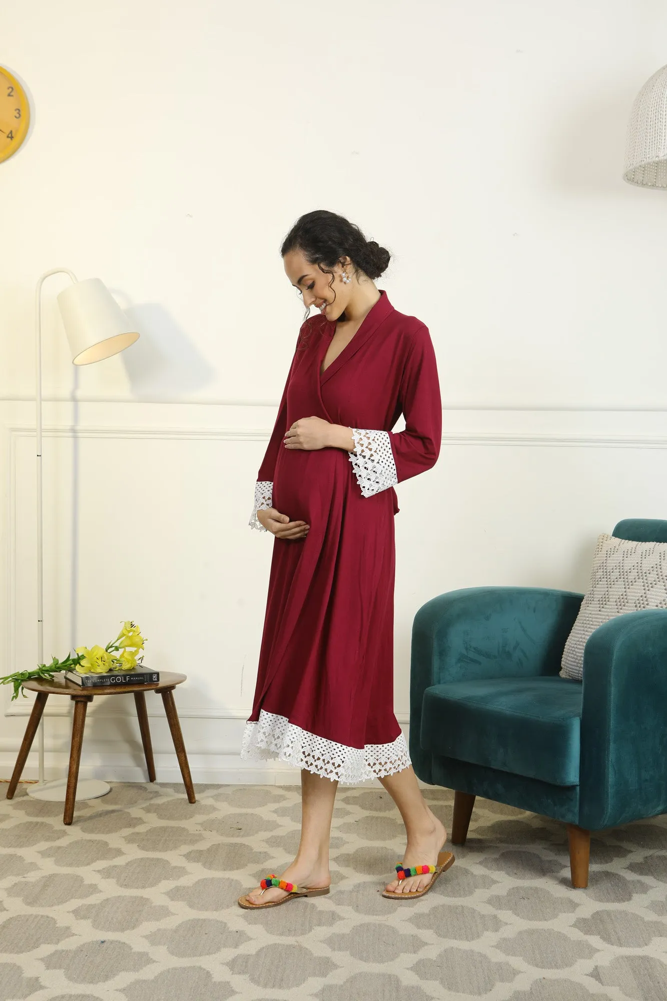 Vibrant Mulberry Lycra Maternity & Nursing Wrap Nightwear Dress/ Hospital Gown/ Delivery Robes