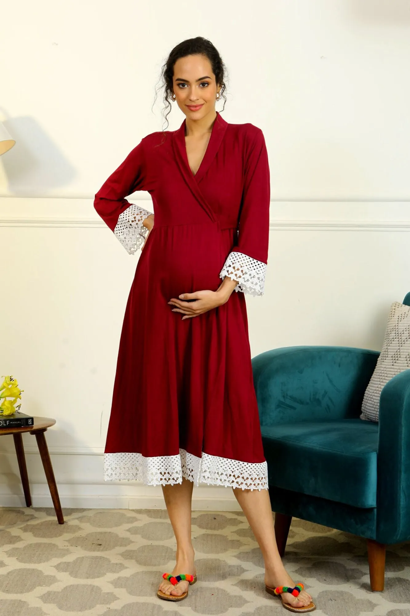 Vibrant Mulberry Lycra Maternity & Nursing Wrap Nightwear Dress/ Hospital Gown/ Delivery Robes