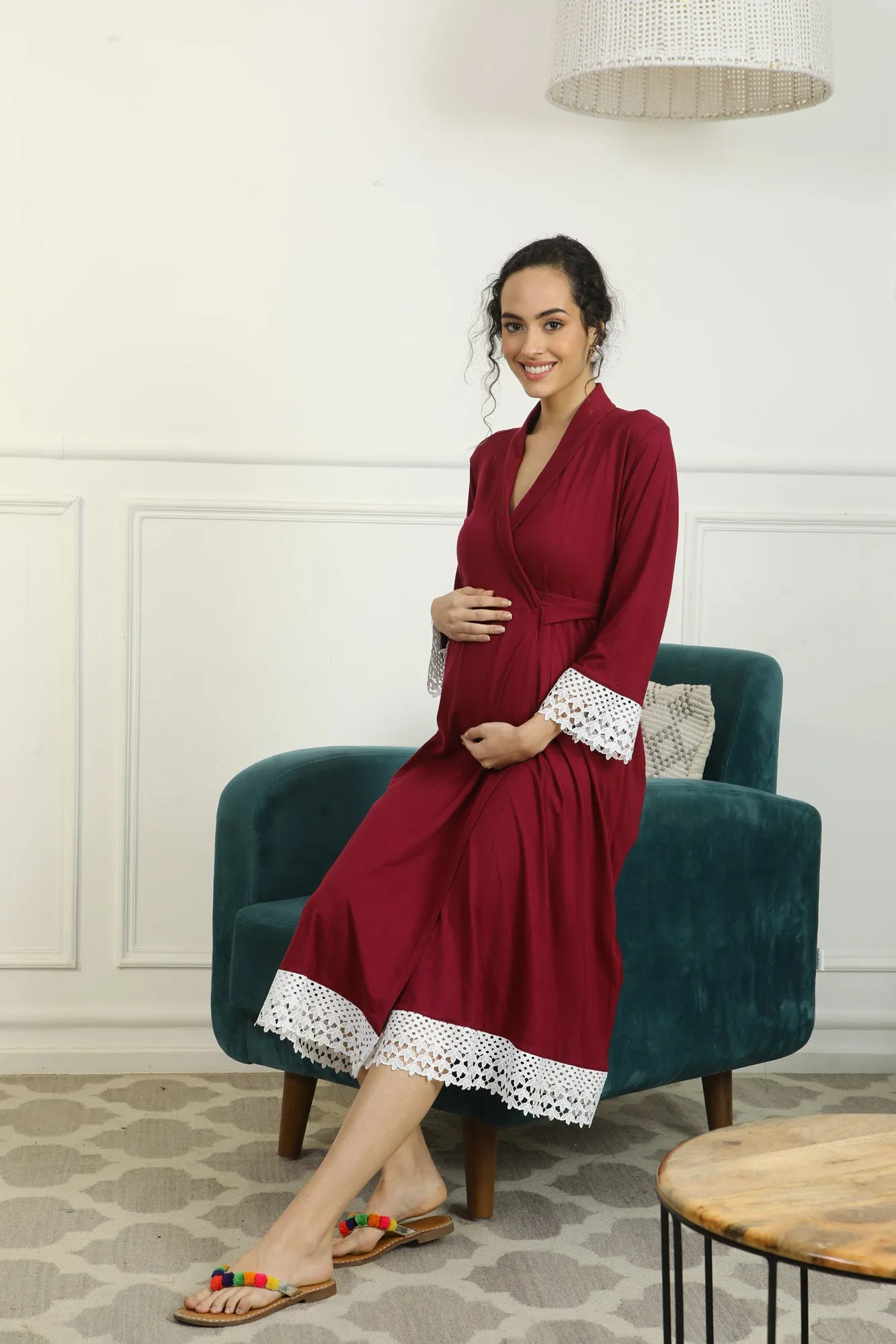 Vibrant Mulberry Lycra Maternity & Nursing Wrap Nightwear Dress/ Hospital Gown/ Delivery Robes