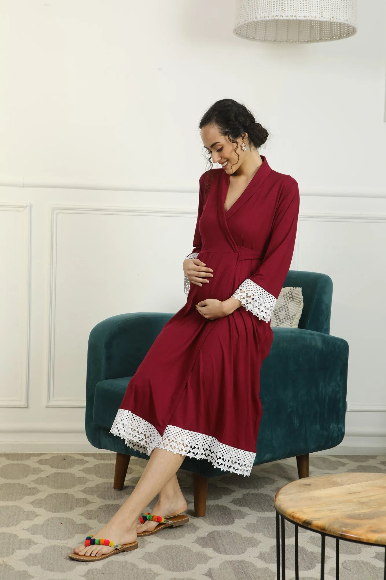 Vibrant Mulberry Lycra Maternity & Nursing Wrap Nightwear Dress/ Hospital Gown/ Delivery Robes