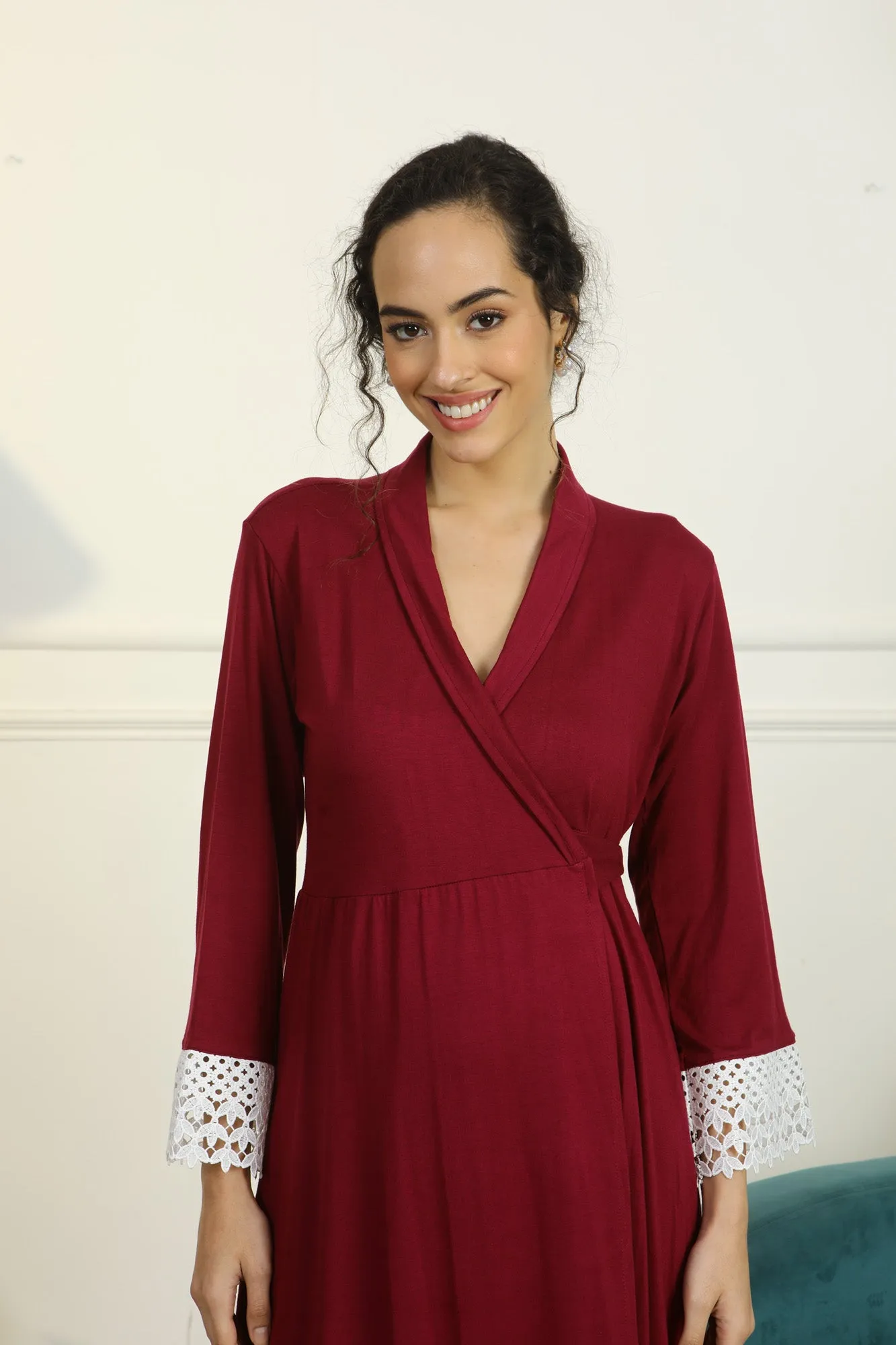 Vibrant Mulberry Lycra Maternity & Nursing Wrap Nightwear Dress/ Hospital Gown/ Delivery Robes