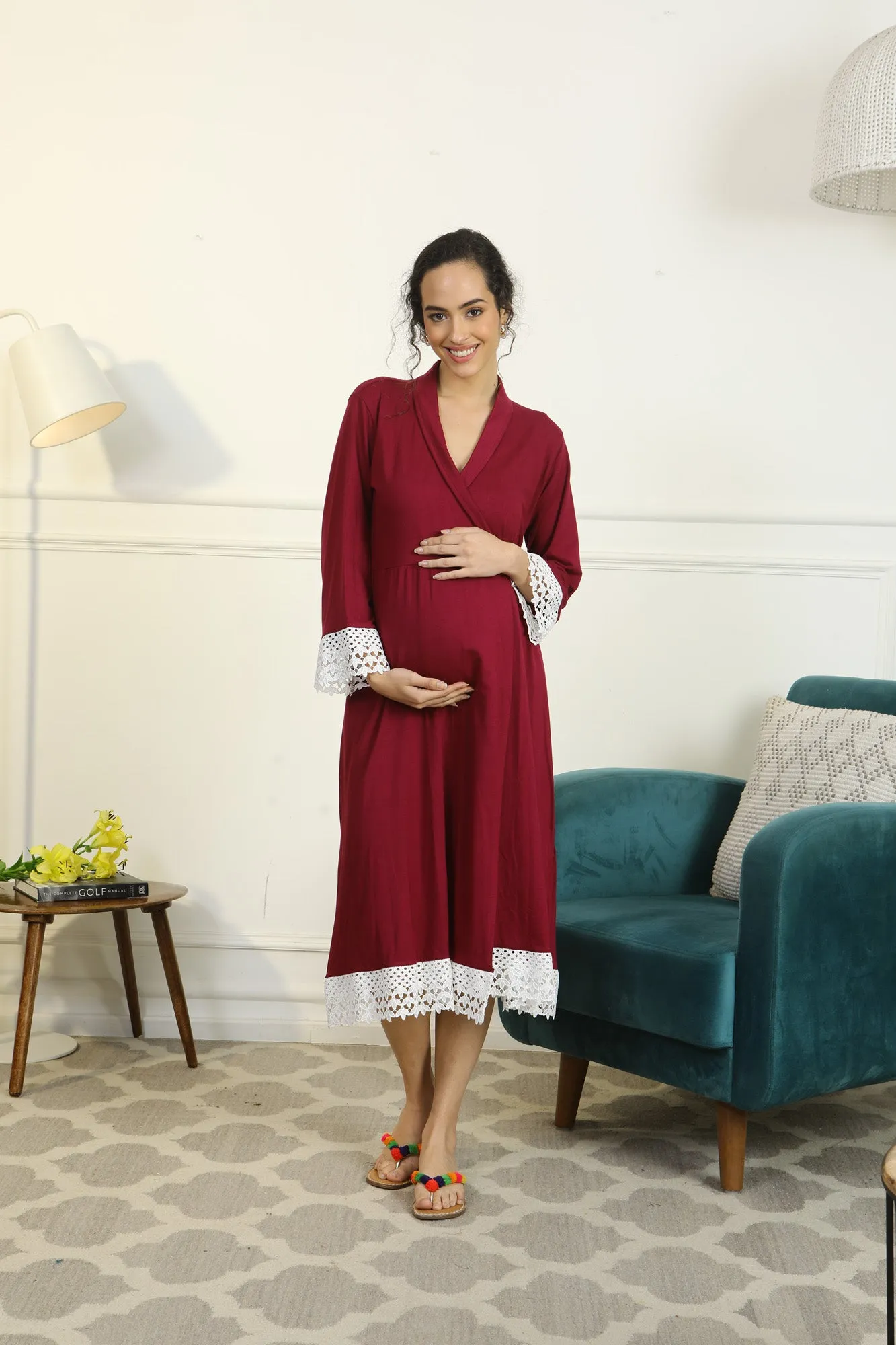 Vibrant Mulberry Lycra Maternity & Nursing Wrap Nightwear Dress/ Hospital Gown/ Delivery Robes