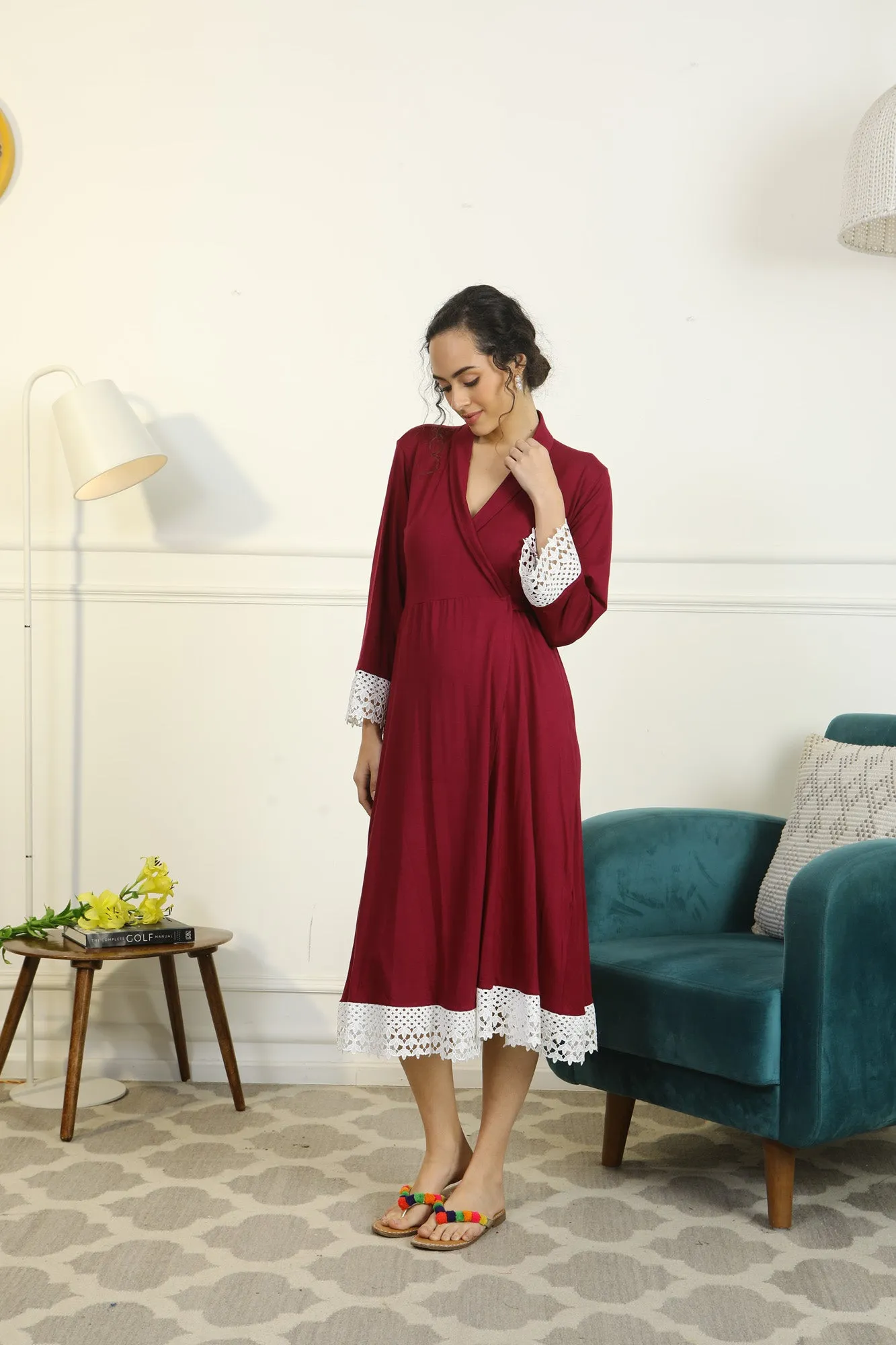 Vibrant Mulberry Lycra Maternity & Nursing Wrap Nightwear Dress/ Hospital Gown/ Delivery Robes