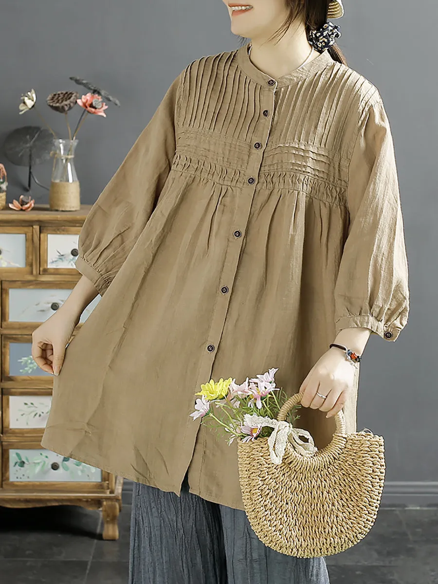 Women Artsy Summer Shirred Solid Linen Shirt SC1058