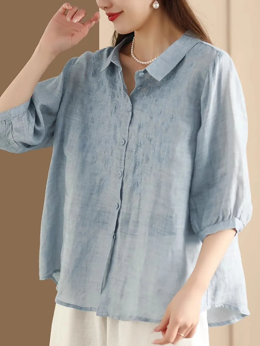 Women Vintage Embroidery Summer Ramie Loose Shirt SC1003