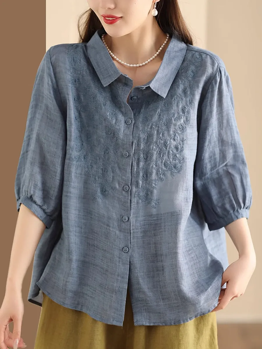 Women Vintage Embroidery Summer Ramie Loose Shirt SC1003