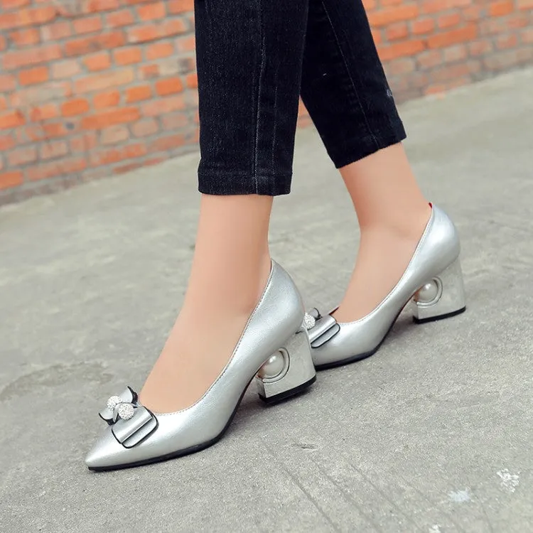 Women's Pearl Bowtie High Heeled Chunky Heels Pumps