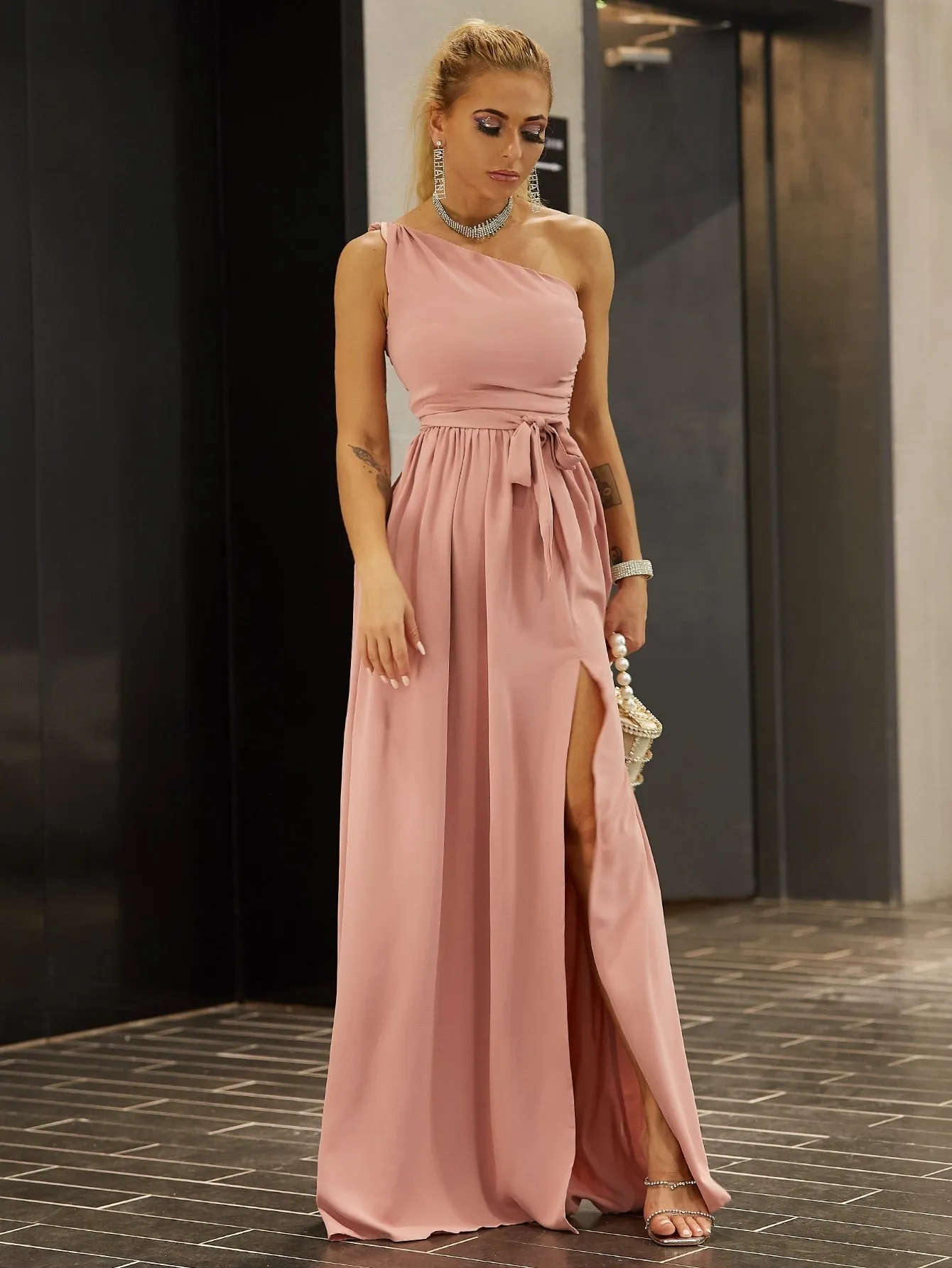 Yissang Solid One Shoulder Maxi Long Dress Women Cut Out Side Split Sexy Dress pink Summer Dresses 2022