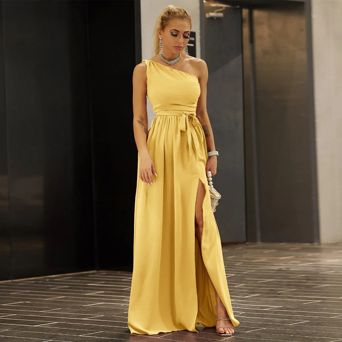 Yissang Solid One Shoulder Maxi Long Dress Women Cut Out Side Split Sexy Dress pink Summer Dresses 2022